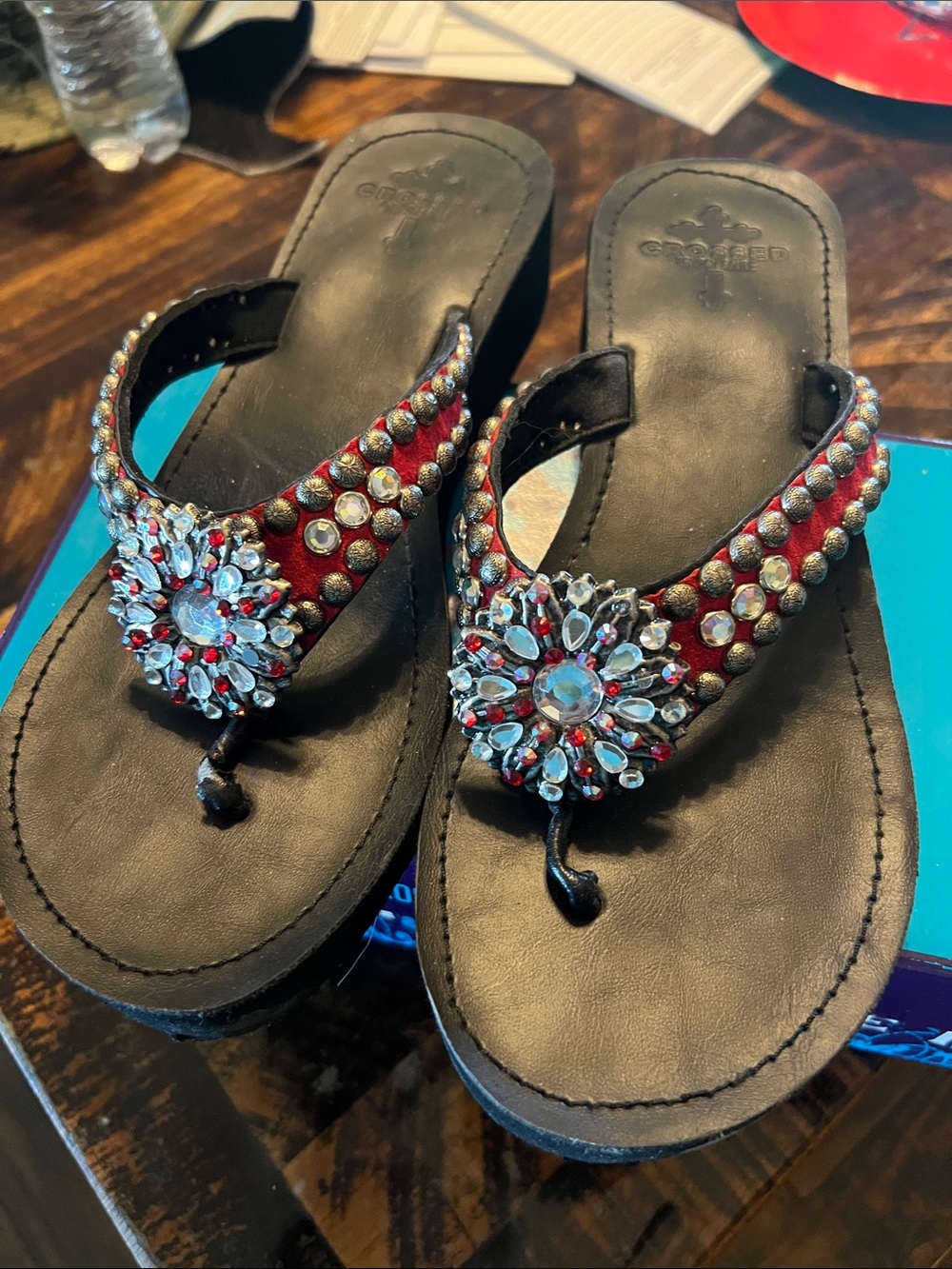 Embellished Women's Red and Black Jeweled Thong Sandals